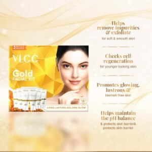 VLCC Gold Facial Kit, Bright & Glowing Skin - 60g | Pamper your Skin for a Luminous Glow | Parlour Glow with 24K Gold Bhasma, Rose Extracts, Turmeric & Aloe Vera.