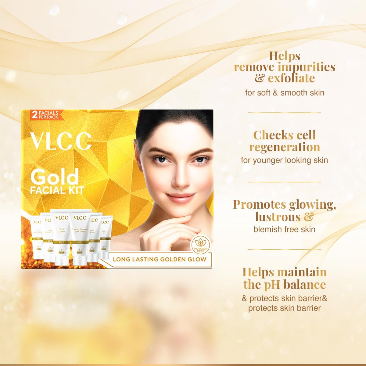 VLCC Gold Facial Kit, Bright & Glowing Skin - 60g | Pamper your Skin for a Luminous Glow | Parlour Glow with 24K Gold Bhasma, Rose Extracts, Turmeric & Aloe Vera. - Image 5