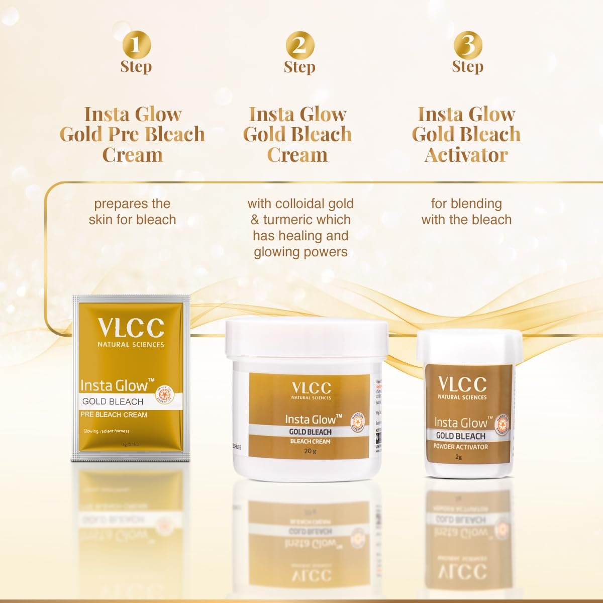VLCC Insta Glow Gold Bleach - 30g X 4 (Pack of 4) - With Colloidal Glow For Glowing Fairness | Skin Brightening Bleach | Perfect Skin Match, Reduces Facial Hair Visibility, Brightens Complexion - Image 3