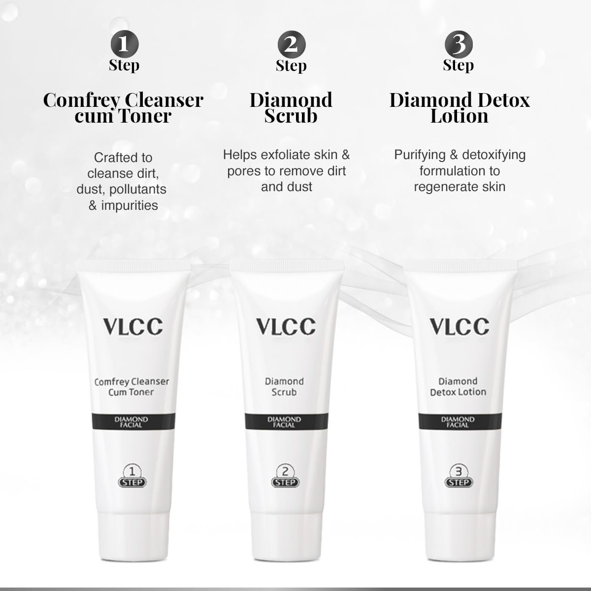 VLCC Diamond Facial Kit - 60g | Purifying with Parlour Glow | Improves Elasticity, Brightens and Helps Lighten Patchy, Damaged Skin | with Colloidal Diamond, Aloe Vera, Jojoba & Olive Oil - Image 7