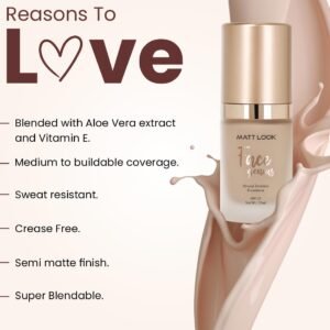 MATT LOOK Face Genius Mineral Enriched Foundation with Aloe Vera Gel & Vitamin E Extracts, Semi Matte Finish, Crease Free, Sweat Resistant, Medium to Buildable Coverage, SPF-35, Soft Beige