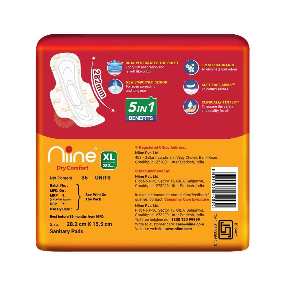 Niine Dry Comfort XL Sanitary Pads for Women |36 Pads, Pack of 1| 282 mm Long| Fast Absorption| Prevents Wetness & Leakage| Enjoy Leak-free Periods |With Anti-Leak Flow Channel - Image 2