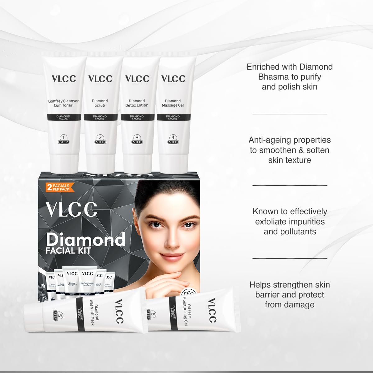 VLCC Diamond Facial Kit - 60g | Purifying with Parlour Glow | Improves Elasticity, Brightens and Helps Lighten Patchy, Damaged Skin | with Colloidal Diamond, Aloe Vera, Jojoba & Olive Oil - Image 5