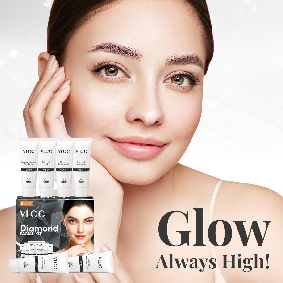 VLCC Diamond Facial Kit - 60g | Purifying with Parlour Glow | Improves Elasticity, Brightens and Helps Lighten Patchy, Damaged Skin | with Colloidal Diamond, Aloe Vera, Jojoba & Olive Oil - Image 6