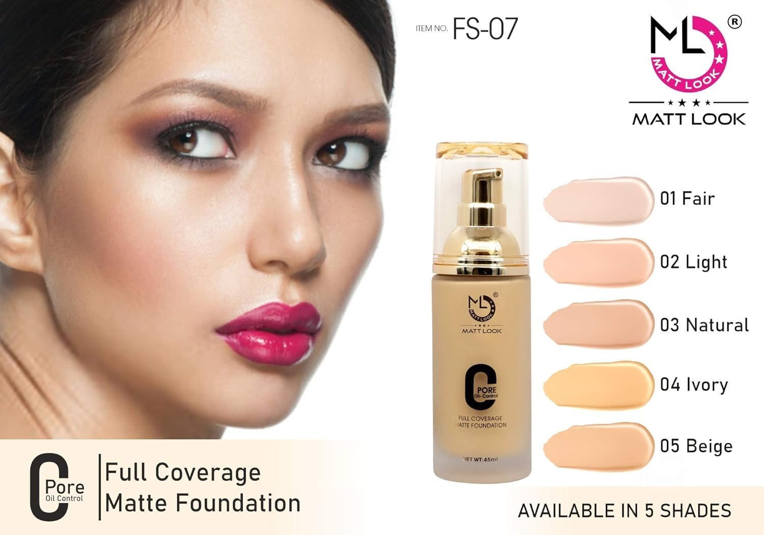 MATT LOOK Zero Pore Oil Control Full Coverage Matte Foundation, Beige (45ml) - Image 2