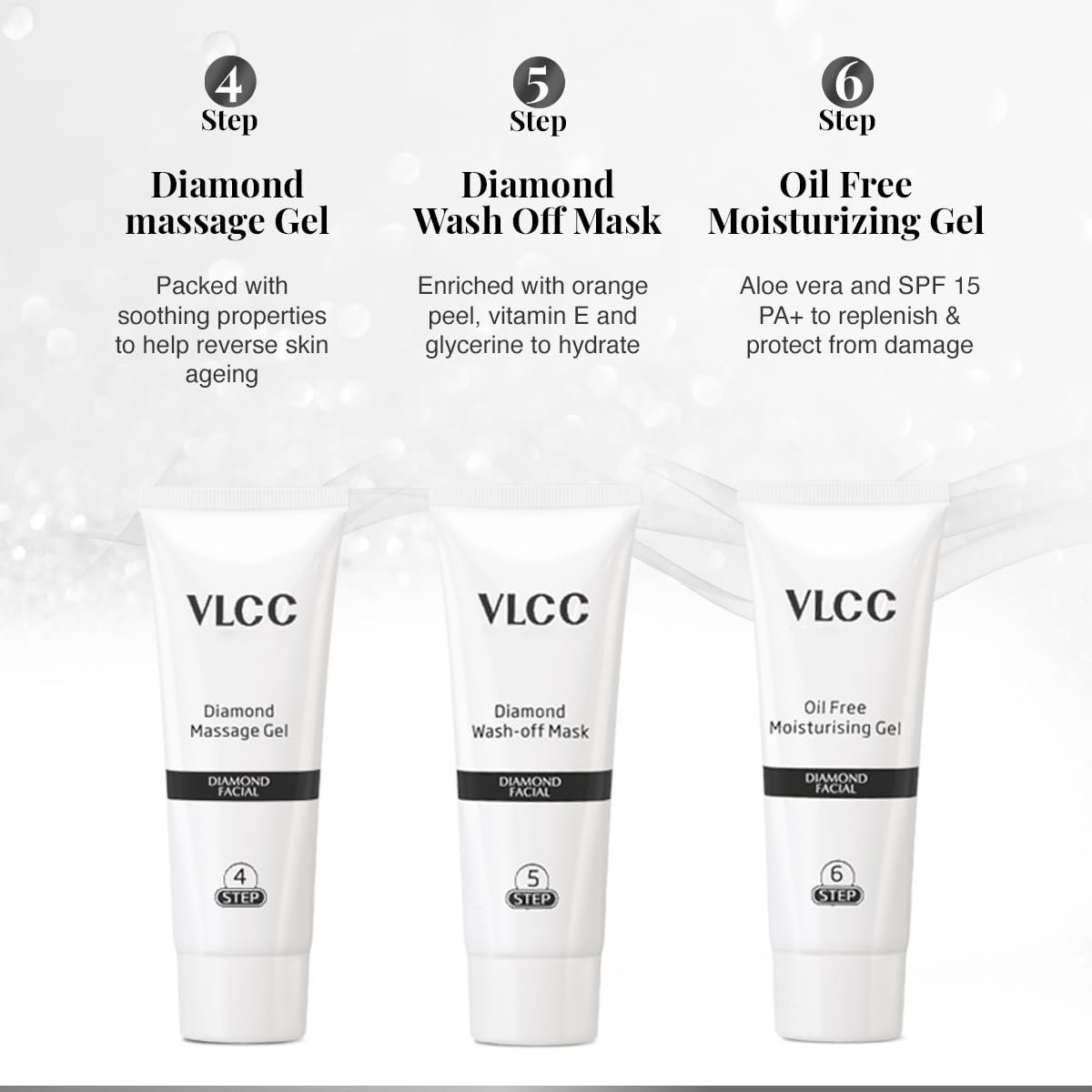 VLCC Diamond Facial Kit - 60g | Purifying with Parlour Glow | Improves Elasticity, Brightens and Helps Lighten Patchy, Damaged Skin | with Colloidal Diamond, Aloe Vera, Jojoba & Olive Oil - Image 8