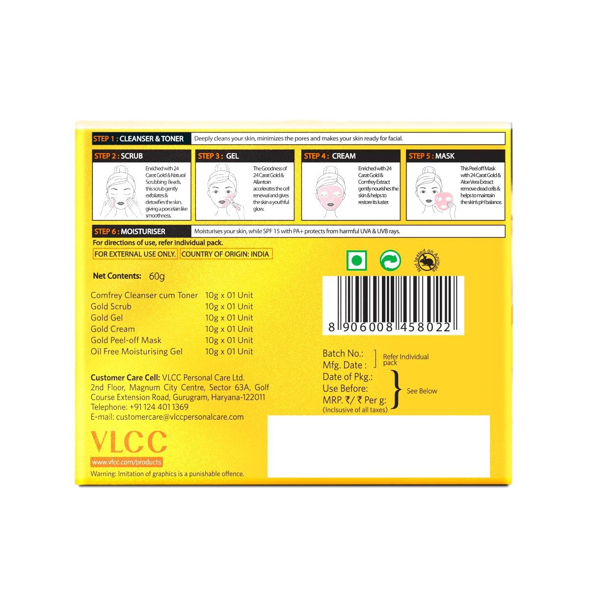 VLCC Gold Facial Kit, Bright & Glowing Skin - 60g | Pamper your Skin for a Luminous Glow | Parlour Glow with 24K Gold Bhasma, Rose Extracts, Turmeric & Aloe Vera. - Image 9