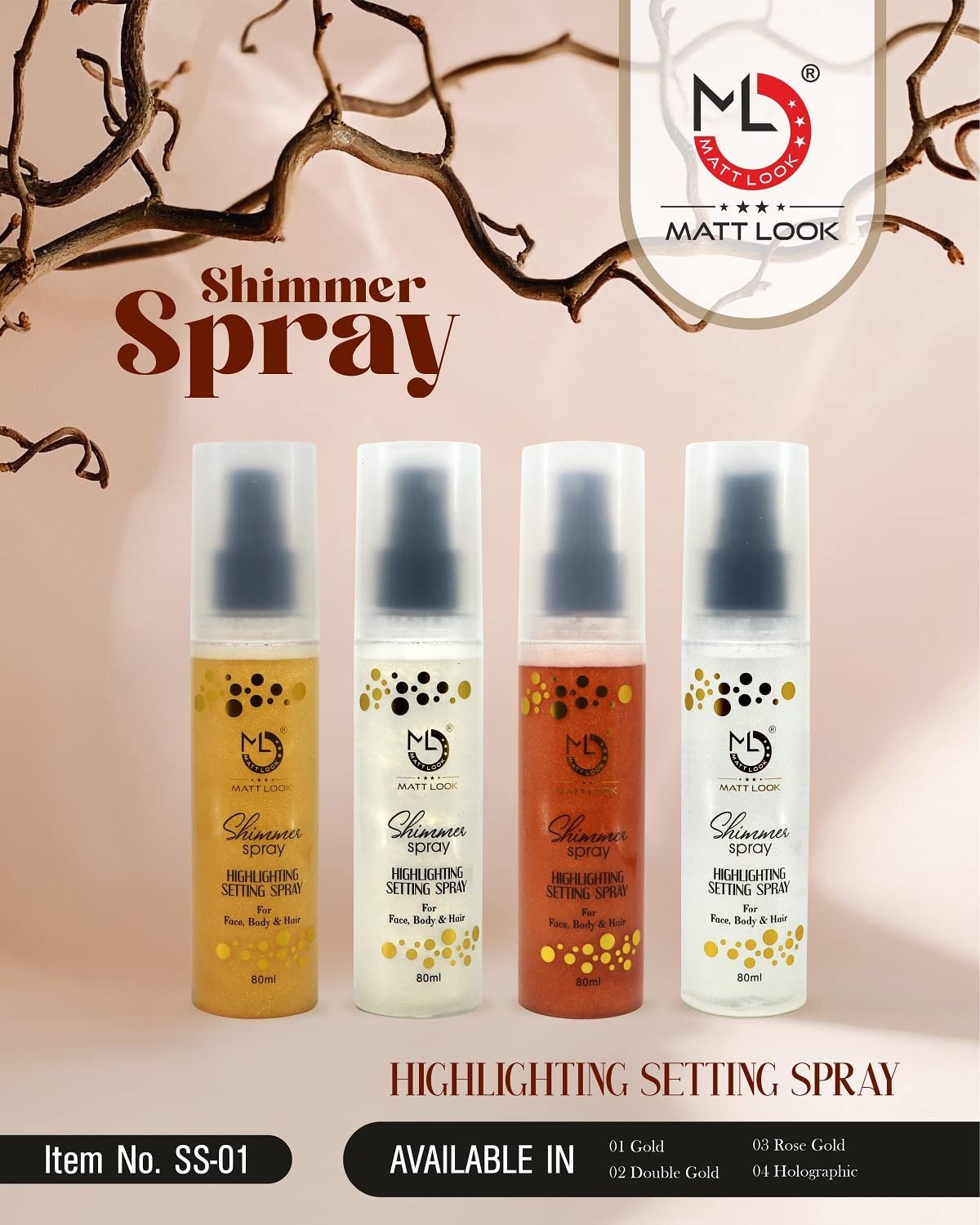 MATT LOOK Shimmer Highlighting Setting Spray for Face, Body & Hair, Double Gold 002 (80ml) - Image 3