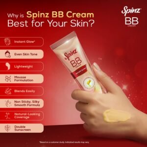 Spinz BB Cream | Instant Glow, Even Skin Tone & Natural Coverage | Lightweight, Non-Sticky Mousse Formula | With Vitamin E and Double Sunscreen Protection (29g)