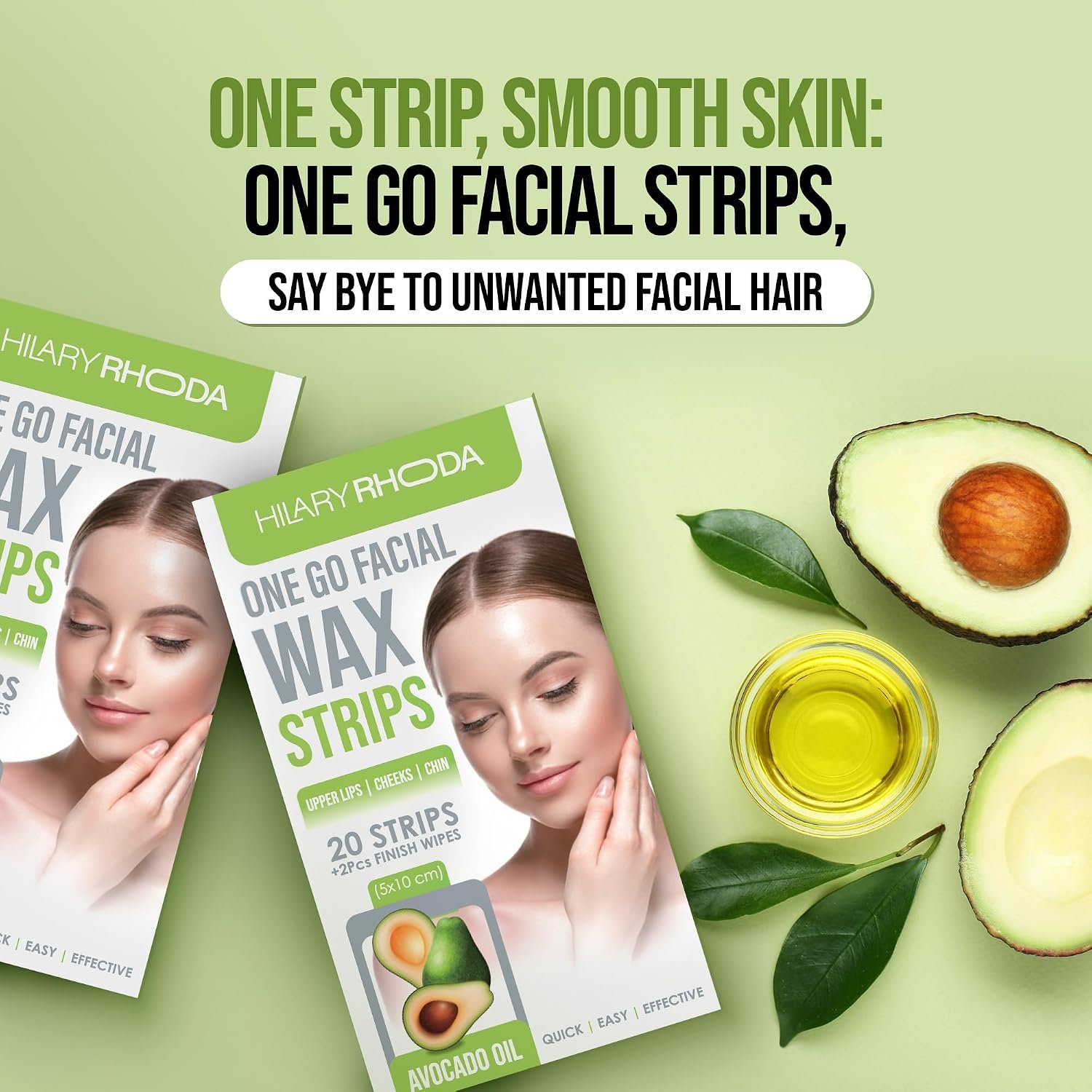 Hilary Rhoda Women One Go Facial Wax Strips | Avocado Oil Extract | Ready-to-Use for Upper Lip, Chin & Cheeks | Hair Removal Strips with 2 Wipes | Painless, Quick & Gentle Waxing | 20 Strips - Image 3