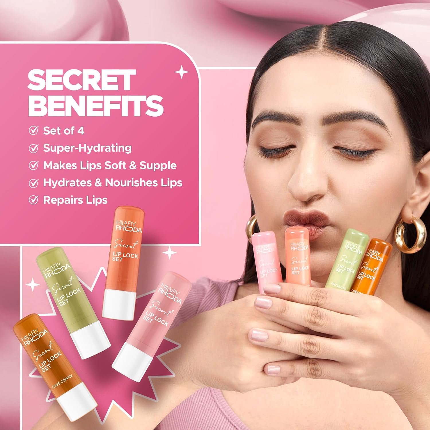 Hilary Rhoda Secret Lip Lock Set | Infused with Rapeseed Oil | Super-Hydrating Lip Balm & Repairs Lips | Cruelty-Free | Keeps Lips Soft & Supple | Set of 4 | 2.6g*4, Multicolor - Image 4