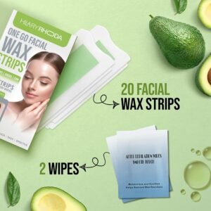 Hilary Rhoda Women One Go Facial Wax Strips | Avocado Oil Extract | Ready-to-Use for Upper Lip, Chin & Cheeks | Hair Removal Strips with 2 Wipes | Painless, Quick & Gentle Waxing | 20 Strips