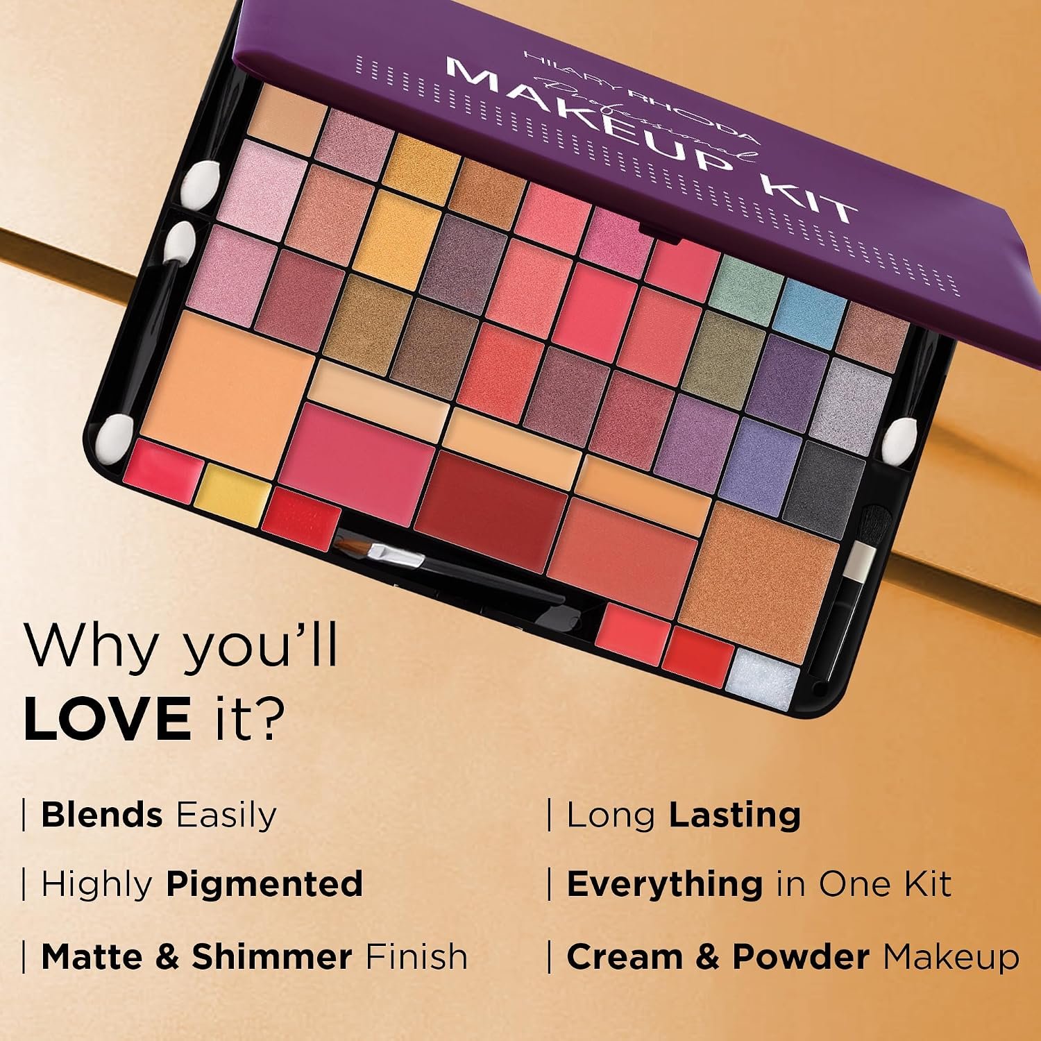 Hilary Rhoda Professional Makeup Kit | 40 Eyeshadows | Highlighter | Face Powder | 3 Contour & 3 Blushes | 6 Lip Glosses | Makeup Kit for Women | Highly Pigmented | 4 Brushes - 74g (Multicolor Shade-1) - Image 5