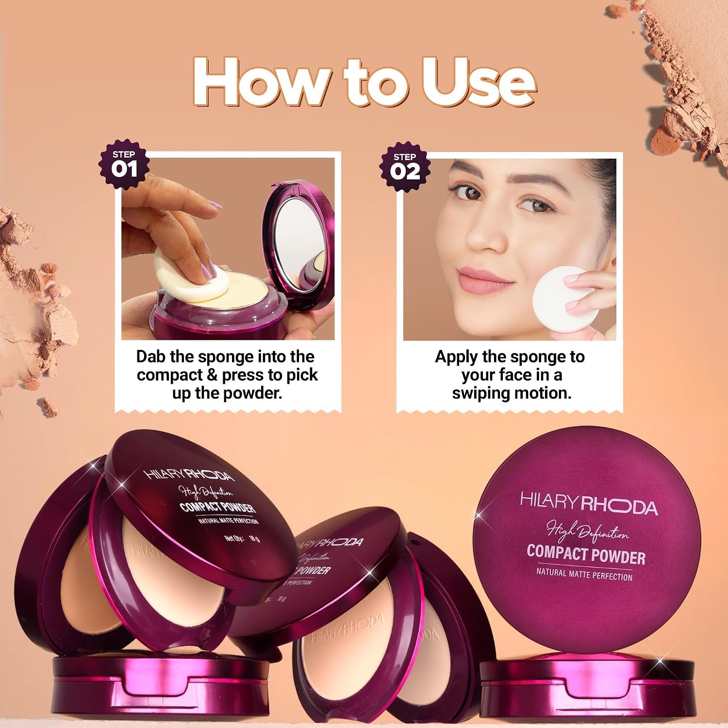 Hilary Rhoda Compact Powder | Ivory | 2-in-1 Pressed Powder with Mirror & Puff | Shimmery & HD Matte Finish With Long Lasting Coverage| Oil Control | (My Ivory - Shade 01)-18g - Image 7