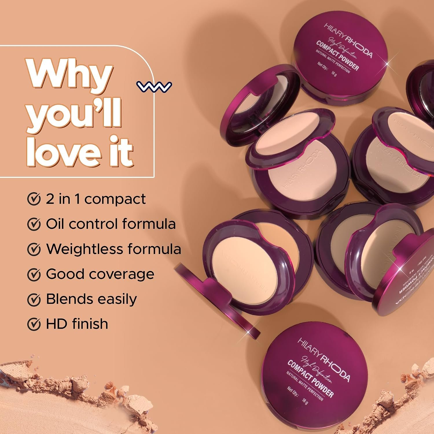 Hilary Rhoda Compact Powder | Ivory | 2-in-1 Pressed Powder with Mirror & Puff | Shimmery & HD Matte Finish With Long Lasting Coverage| Oil Control | (My Ivory - Shade 01)-18g - Image 4