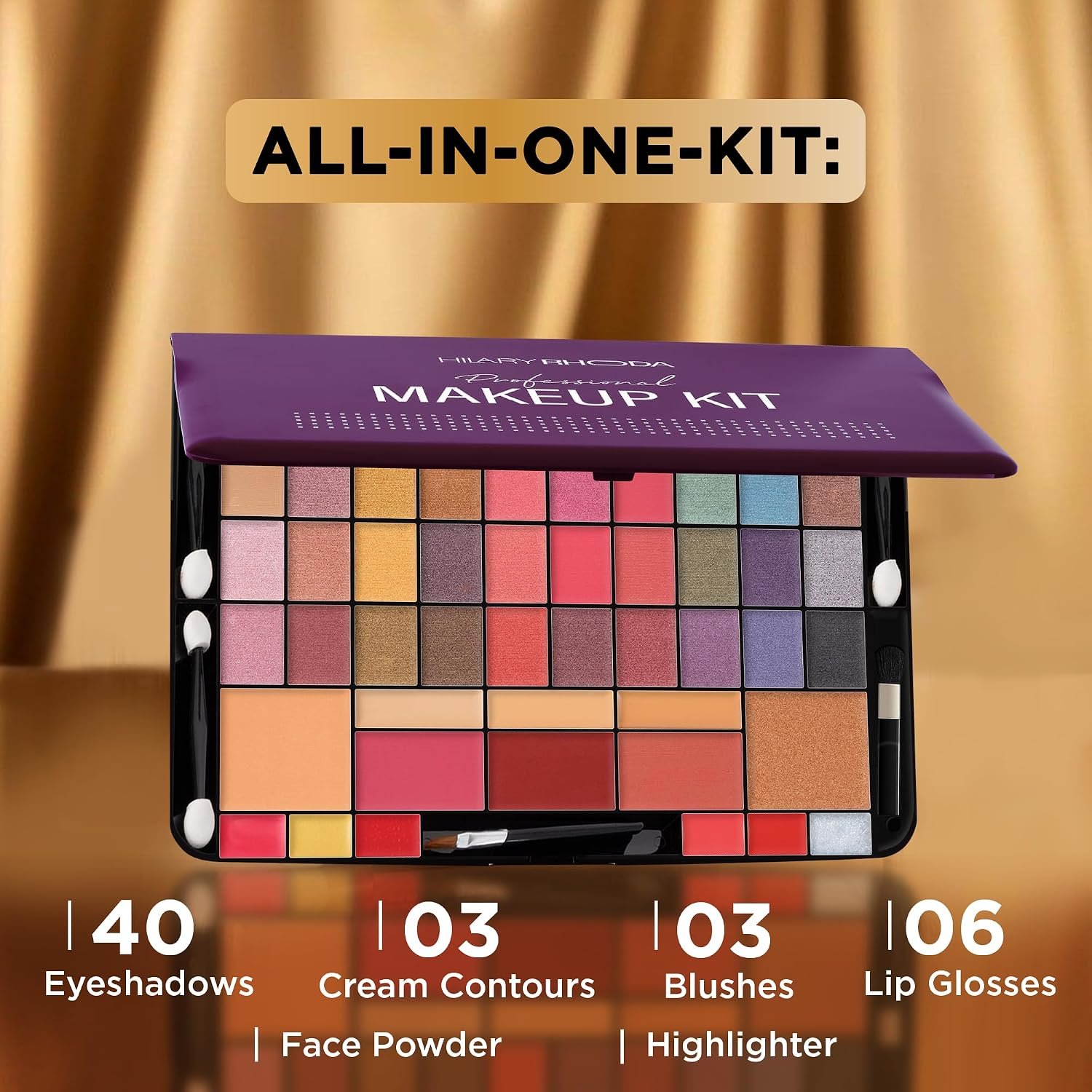 Hilary Rhoda Professional Makeup Kit | 40 Eyeshadows | Highlighter | Face Powder | 3 Contour & 3 Blushes | 6 Lip Glosses | Makeup Kit for Women | Highly Pigmented | 4 Brushes - 74g (Multicolor Shade-1) - Image 4